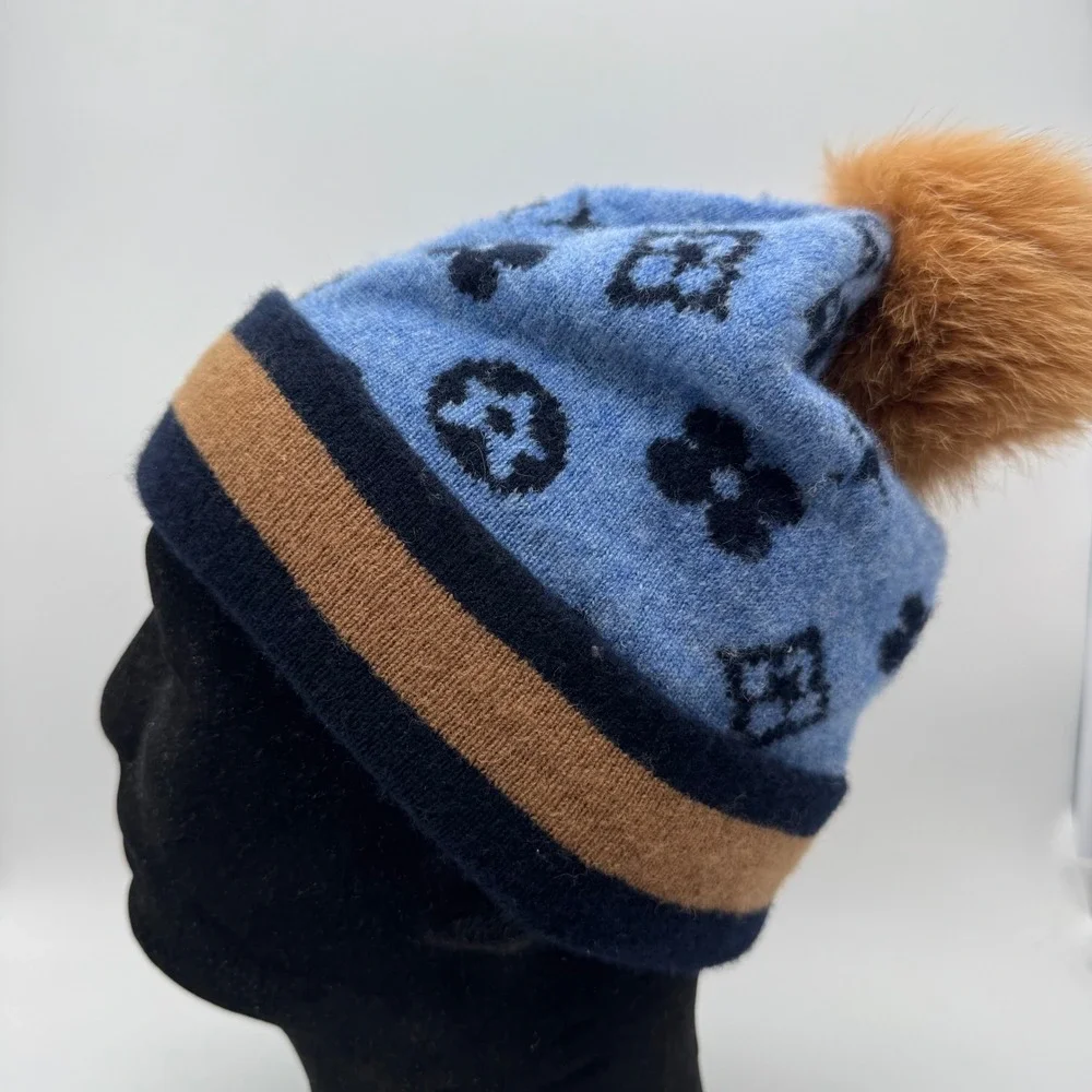 Mitchies 100% Wool Monogram Floral Beanie with Genuine Fur‎ Pom Pom Blue Navy